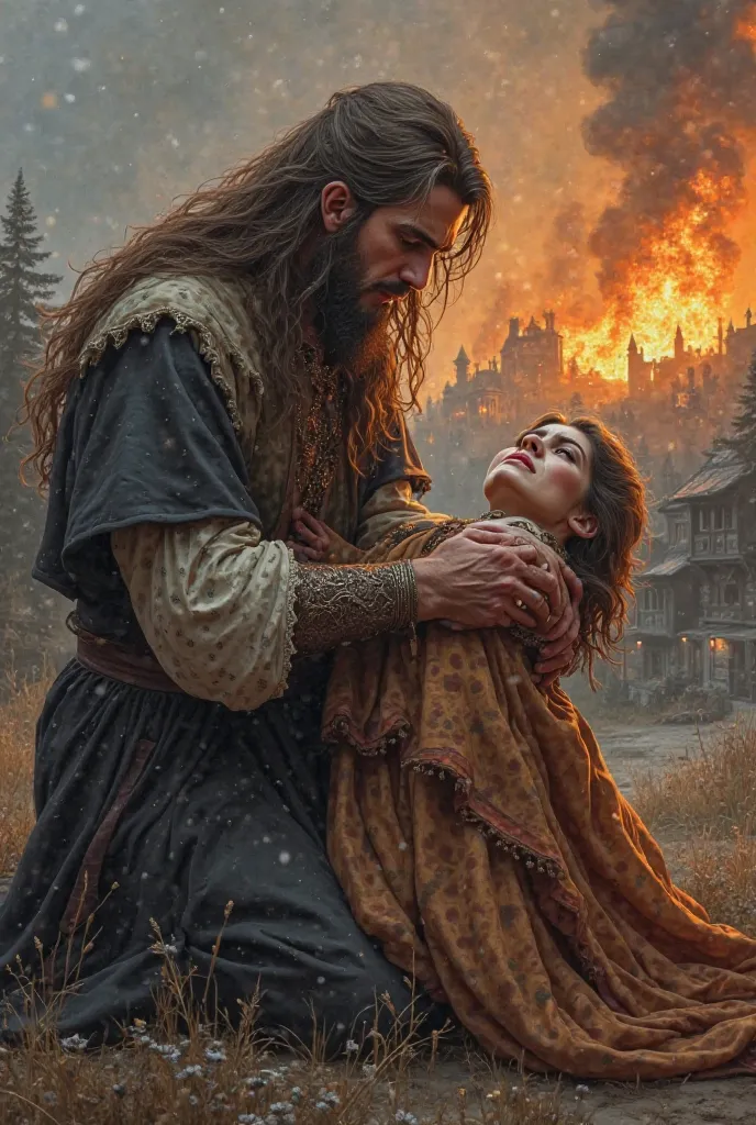 Draw a grey-eyed, long-haired young man wearing medieval clothes, kneeling crying with a sad expression as he looked at his already dead wife lying in his arms in medieval clothes and brown hair with a burning village in the background 