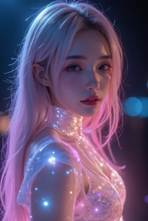 Beautiful virtual idol, detailed digital avatar, glowing holographic figure, translucent irizing skin, detailed facial features, tender expression, long flowing hair, Elegant pose, Surreal futuristic environment, dynamic lighting, neon glowing details, cin...