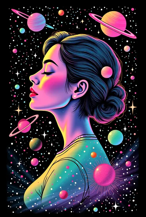 Create a vibrant, psychedelic illustration of a woman in profile, with closed eyes and serene expression, immersed in a cosmic setting. Her face and hair are drawn with neon features in shades of pink, green and yellow on a starry black background. The spa...