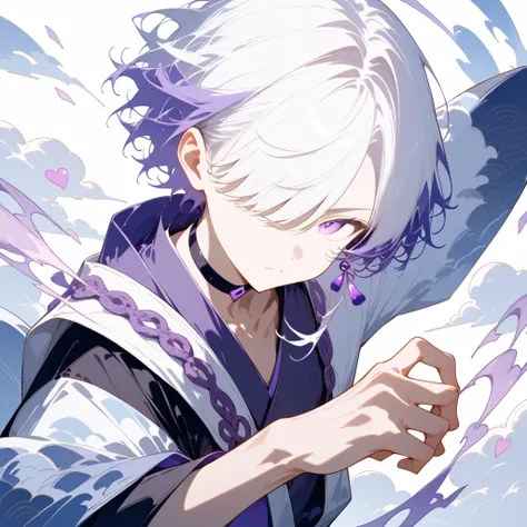 masterpiece, high score, great score, absurdres,
1boy ,dynamic pose,male focus, 20-yo, Kumoi Ether, upper body, toned,twink,white hair, side-parted, lilac highlights, hair over one eye,purple eyes, single purple earring,BREAK avant-garde japanese clothes,b...