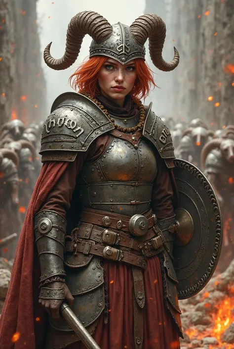 A Dwarf woman from D&D Short-haired red-haired warrior wearing steel plate armor inspired by rune sheep, wearing a helmet on her head with goat numbers, holding a hammer in one hand and a circular shield in the other, In the midst of a battle in hell.