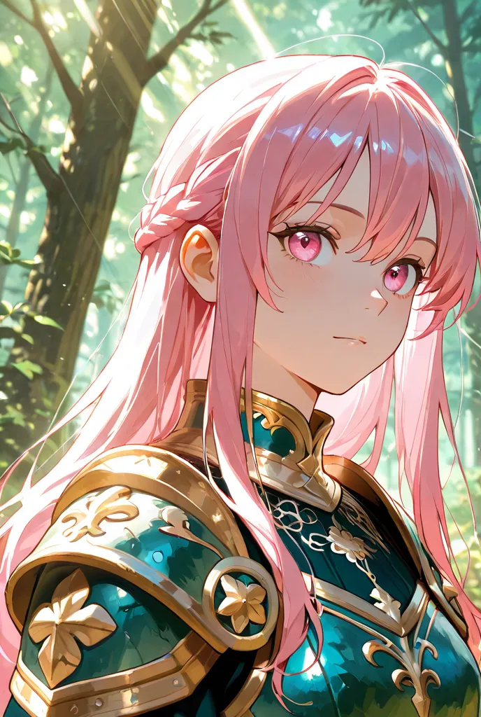 Anime pink largue haired man with pink eyes wearing medieval armor and a handsome face in a forest
