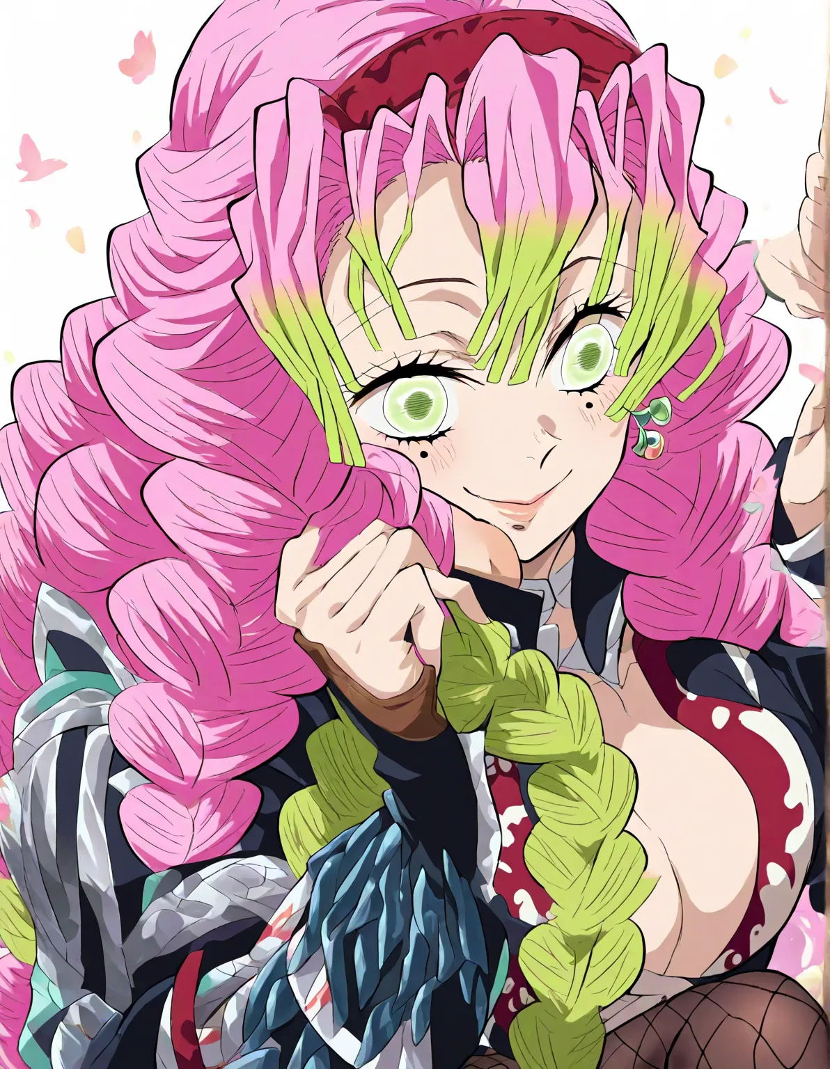 masterpiece, best quality, official art, 1girl, solo, kanroji mitsuri(\kimetsu no yaiba\), pink hair, green hair, multicolored hair, long hair, tri braids, mole under eye, multiple moles green eyes, nargacuga beta armor, nargacuga girl, fishnets,huge breas...