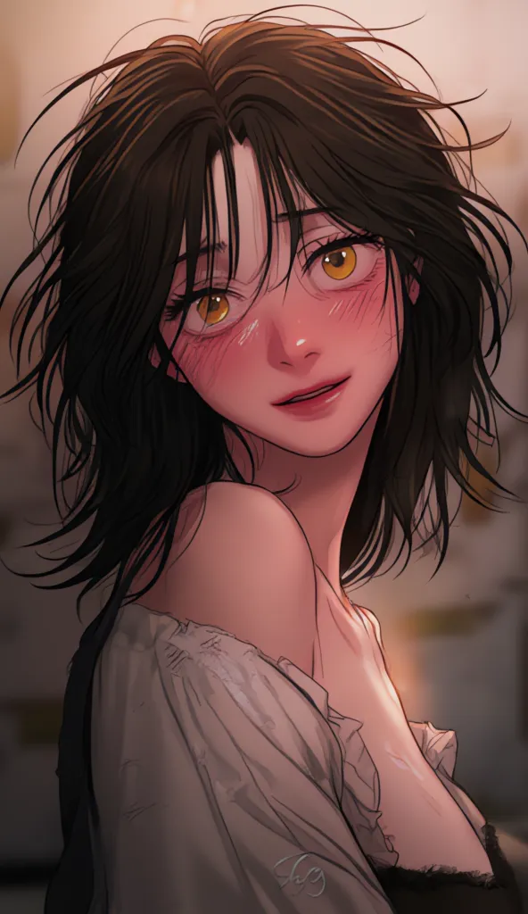 Female character with messy short hair, Bangs, black hair and watery yellow eyes, winking 