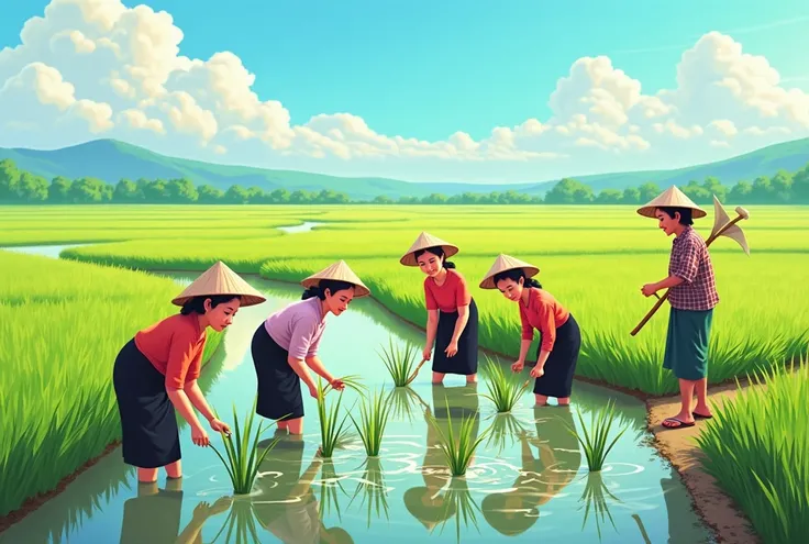 A semi-realistic cartoon-style illustration of five Myanmar women wearing traditional longyis and conical hats, working in a lush green rice paddy field. They are carefully planting rice seedlings in the shallow water, with gentle ripples reflecting the br...