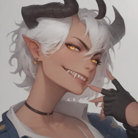 A red-skinned demon girl with yellow eyes and sharp fangs. She has short silver hair and two black horns on her head. She wears a officer outfit and black gloves. She is standing in a confident pose, with a playful smirk on her face.