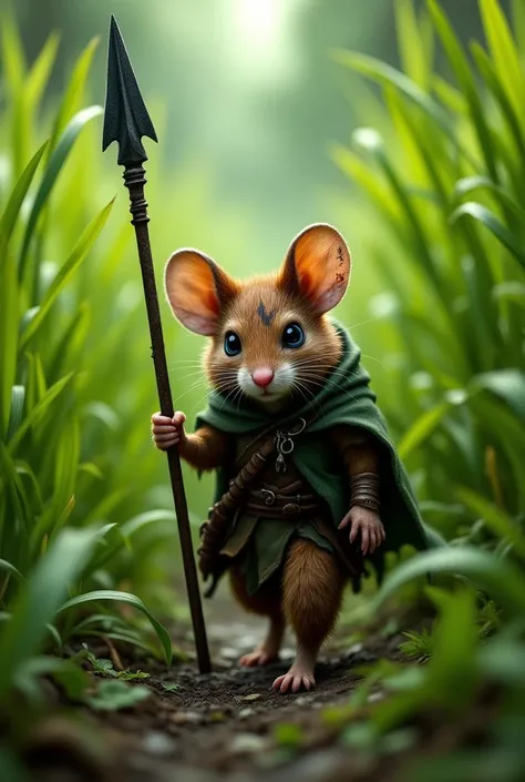 walking brown mouse with scars on his ears and a scar over his eye, wearing a green cloak and carrying a dark spear walking through giant grass