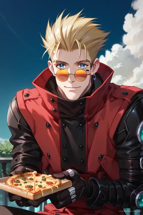 Vash the stampede. Man with a divine and kind face, short blond hair, parted on the sides and with a spiked pompadour. Blonde hair. Aquamarine blue eyes, prosthesis on the left arm, aquamarine colored metallic prosthesis. Cheeks full of food. He eats a sli...