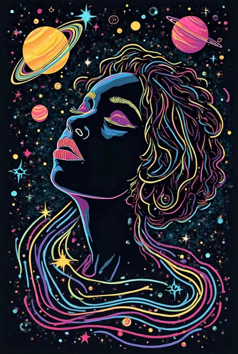 Create a vibrant, psychedelic illustration of a black woman in profile, with closed eyes and serene expression, immersed in a cosmic setting. Her face and hair are drawn with neon strokes in shades of blue, green and yellow on a starry black background. Th...