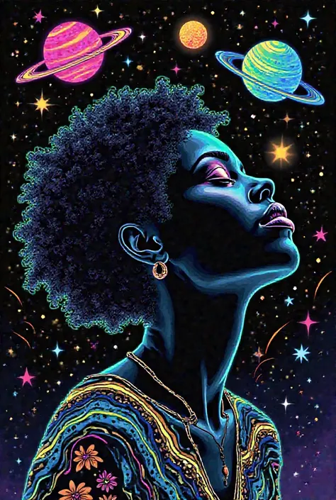 Create a vibrant, psychedelic illustration of a black woman in profile, with closed eyes and serene expression, immersed in a cosmic setting. Her face and hair are drawn with neon strokes in shades of blue, green and yellow on a starry black background. Th...