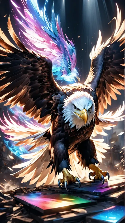 Combine 2 eagles ,大空に舞う大きなCombine 2 eagles ,Eagle, powerful ,god々Shii, Wrapped in Light ,, In the midst of chaos, god々しくgod聖な, realistic, 8k, とてもよく詳Shii, Dramatic Lighting, Vivid Colors, 超realisticで抽象的な, holographic effect like light