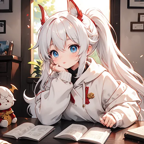 Red Dragon Girl，  double ponytail，White Lightweight Jacket，Magnificent Giaki ， Holding a book ，Dragon Horn，Dragon Wing，Dragon Girl with Dragon Characteristics