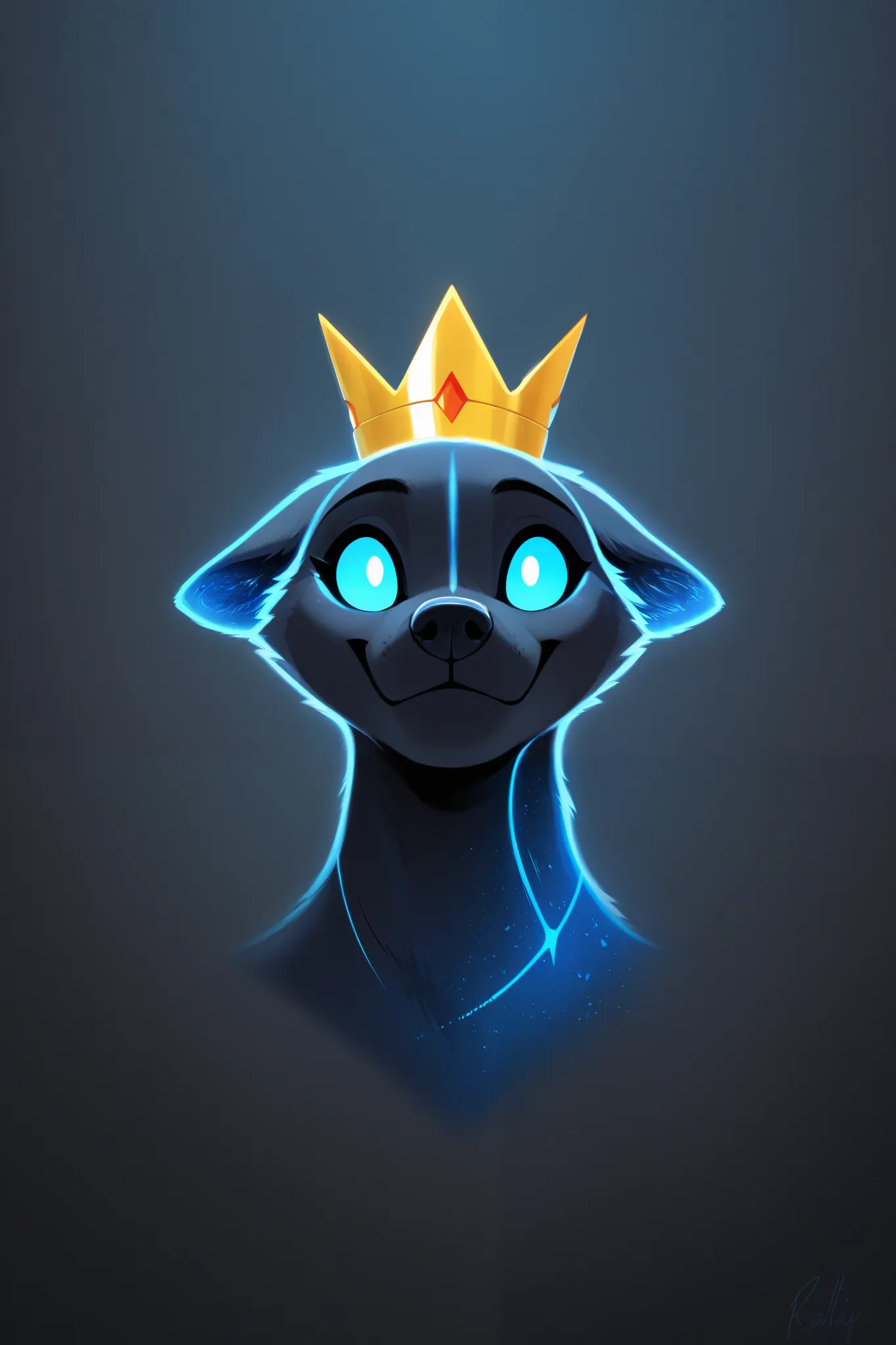 A futuristic, smiling blue dog with a sleek gradient fur effect, transitioning from deep navy to electric blue. The dog wears a Big glowing yellow crown, radiating soft golden light. The background is dark with a smooth black gradient, subtly fading into d...