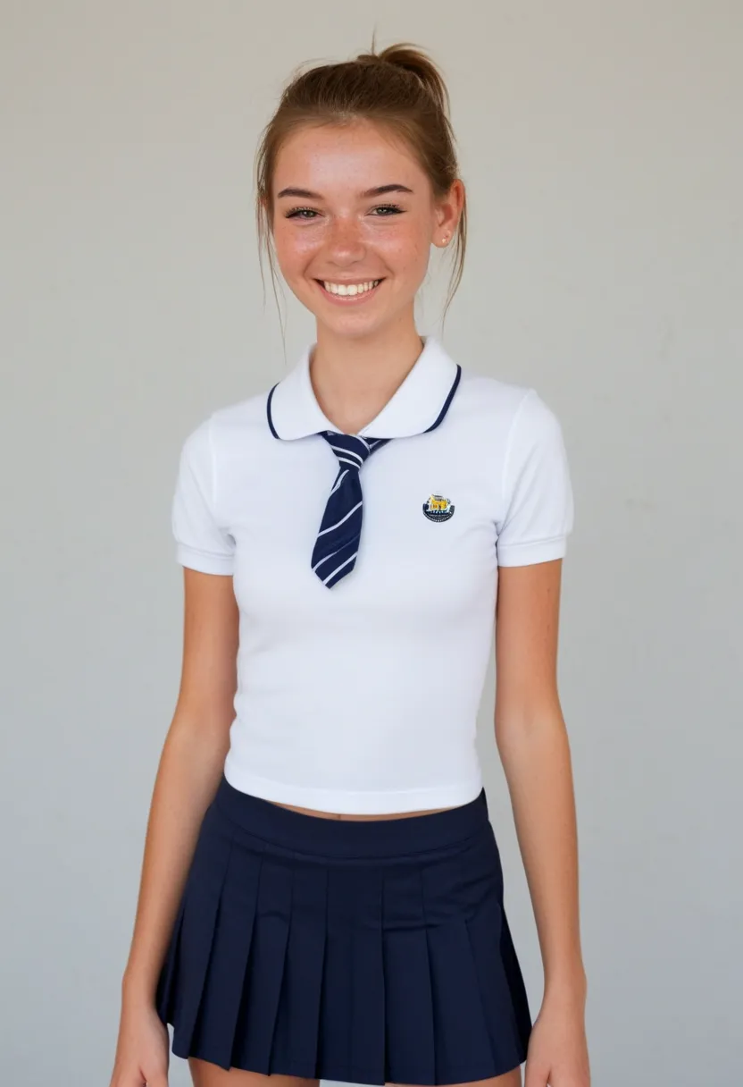 front view,skinny petite 18 years old girl,fair skin,,shiny skin,expose skinny belly,beautiful smile,freckles ,sweaty,very pretty face, nice teeth, sweaty, flushed skin,3d realistic,superskinny,laura b,school uniform,