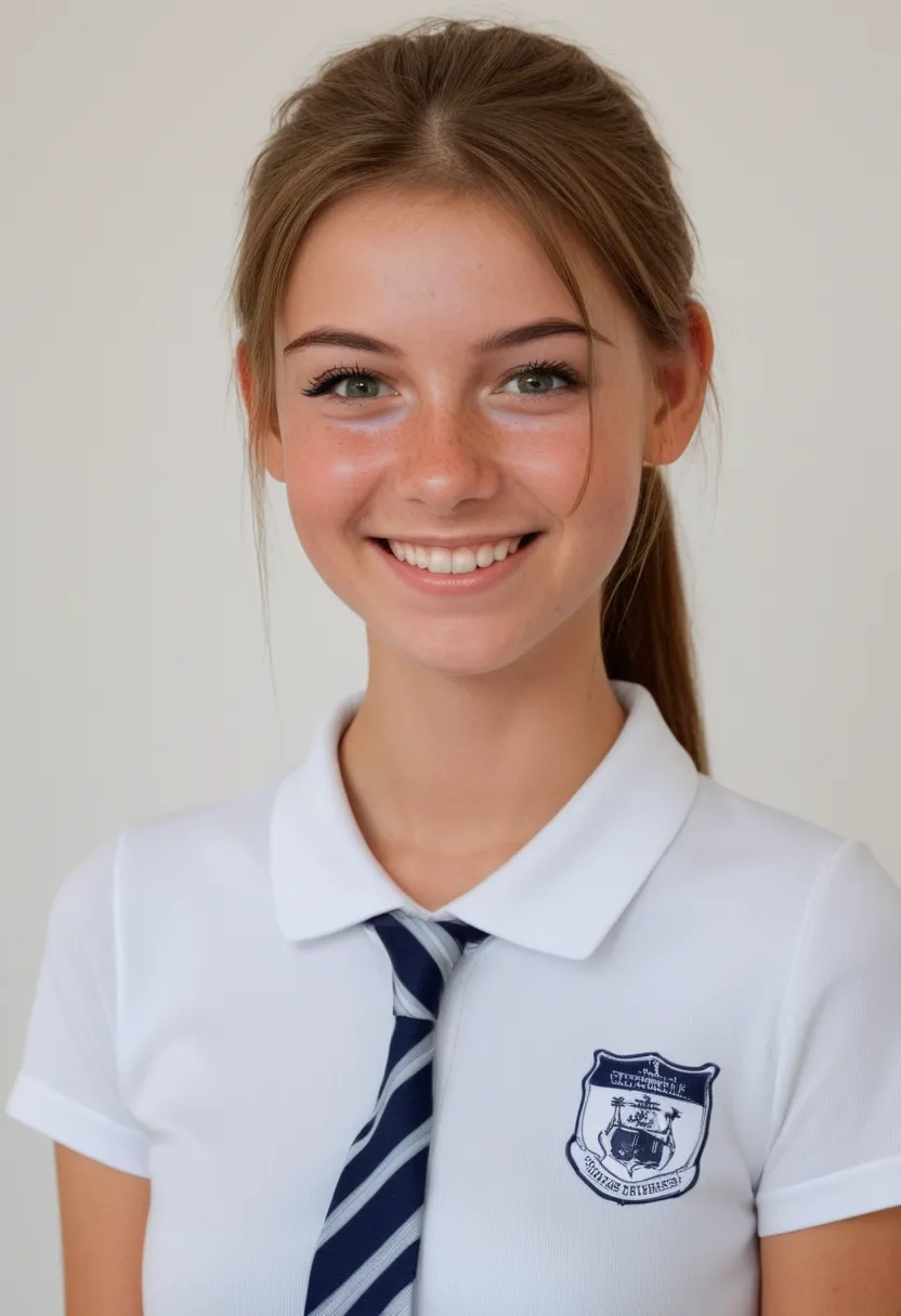 front view,skinny petite 18 years old girl,fair skin,,shiny skin,expose skinny belly,beautiful smile,freckles ,sweaty,very pretty face, nice teeth, sweaty, flushed skin,3d realistic,superskinny,laura b,school uniform,