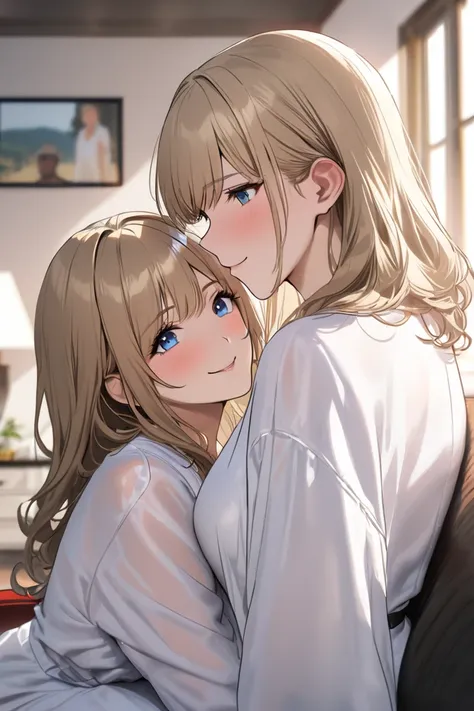 top quality, masterpiece, Hi-Res, 8k, (1 girl 1 boy ),  two people staring at each other, sexy, (bust shot), (a married woman wearing a white bathrobe), wavy blonde hair, Mature Woman, ((( kind expression))), living room,  smile, ((( toro face))), Beautifu...