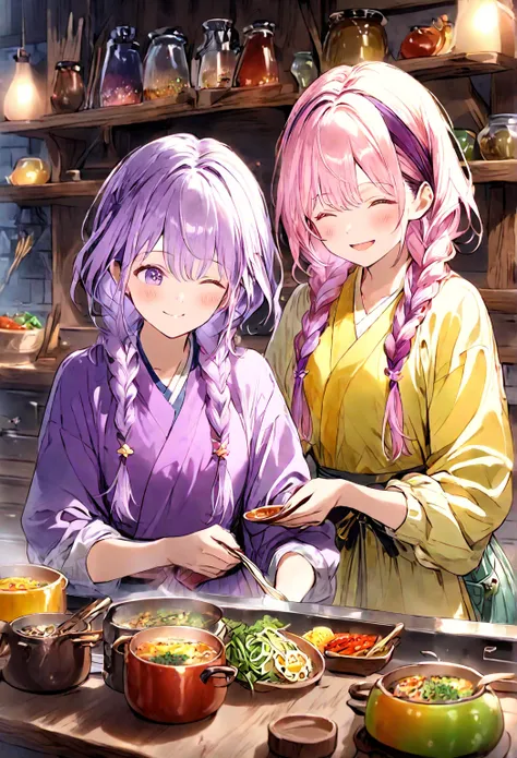 Two young girls stand side by side in a cozy, sunlit kitchen, their faces bright with excitement as they prepare a meal together. One girl has vibrant purple hair that cascades down in soft waves, while the other’s hair is a cheerful shade of yellow, style...