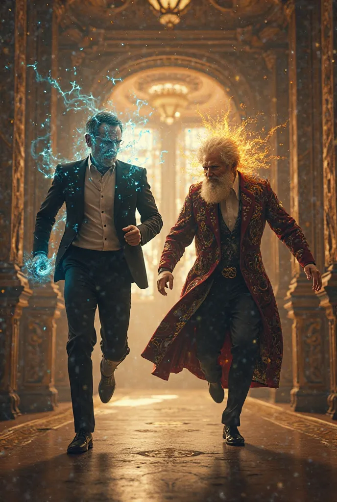 An all-powerful being that looks like a gentleman, And another one that looks like a magician fighting to see who gets to the bathroom first and that they move 