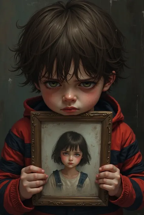 A crying boy with a picture of a girl, The  has hair that falls to his eyes, And a red and black striped shirt.