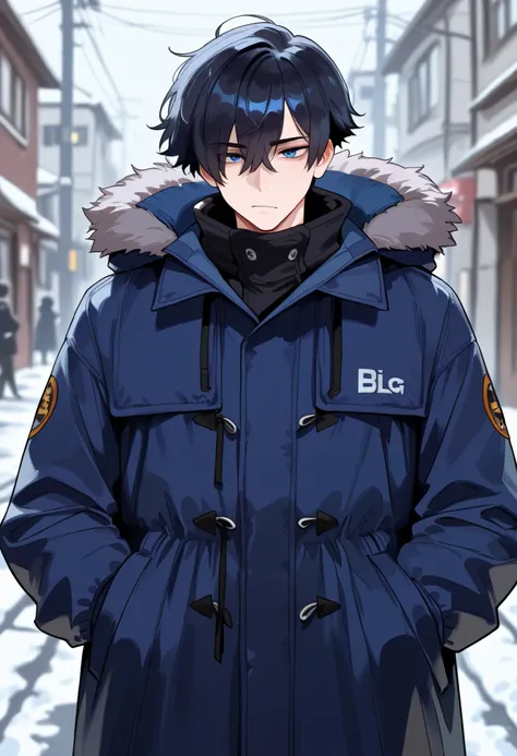 1boy , short boyish hair, messy bangs, black hair, blue eyes, wearing big coat