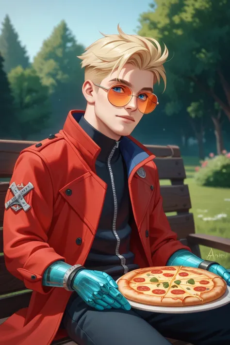 Vash the stampede. Man with a  kind face, short blond hair, parted on the sides and with a spiked pompadour. Blonde hair. Aquamarine blue eyes, prosthesis on the left arm, aquamarine colored metallic prosthesis. Cheeks full of food. He eats a slice of pizz...