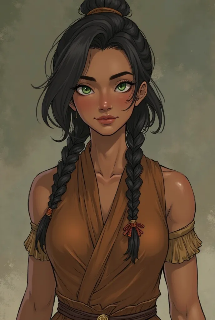  please , create a female character with brown skin, Short hair with braids , Oriental Green Eye, athletic body and with tall muscles, with typical middle class clothes from the Earth Nation from Avatar in the ren's version, At  