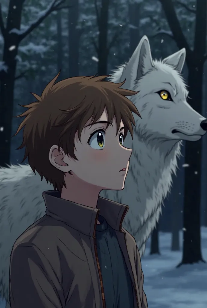 20-year-old anime boy with brown hair looking to the right, with a dark background of pine trees, an Arctic wolf behind him looking the other way the boy is looking, both with expropriations you would be 
