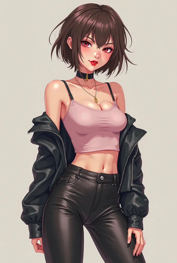  anime girl,Bonded leather legging pants,  short leather jacket  ,light pink top,black choker, short brown hair,red lipstick,