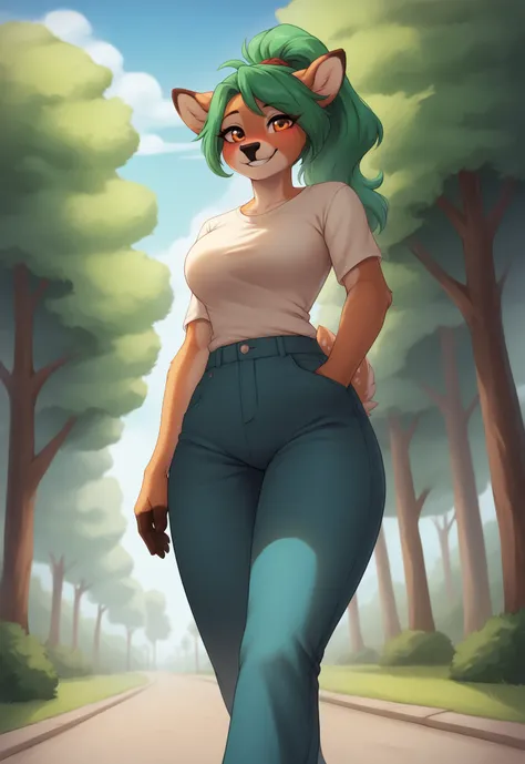 (4K HD Quality), score_9_up, score_8_up, score_6_up, anthro, solo, 1girl, female, furry, axis_deer, green hair, long thick hair, orange eyes, brown fingers, medium large breasts, 

(ponytail_hair_style), 

blush, perfect teeth smile, looking at view, 

day...