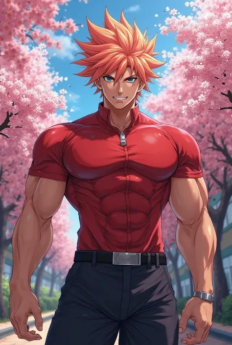 anime male, peach wide spiky hair, tall muscular, red school clothes, black pants, school background, cherry blossom trees, striking face, tern