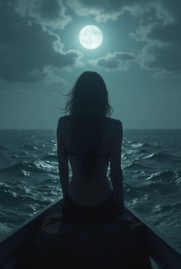 A realistic first-person perspective (POV) of a mysterious siren's silhouette, showing only her upper body while her tail is submerged in the ocean. The siren sits atop a partially submerged rock, her long hair flowing with the sea breeze. The viewer sees ...