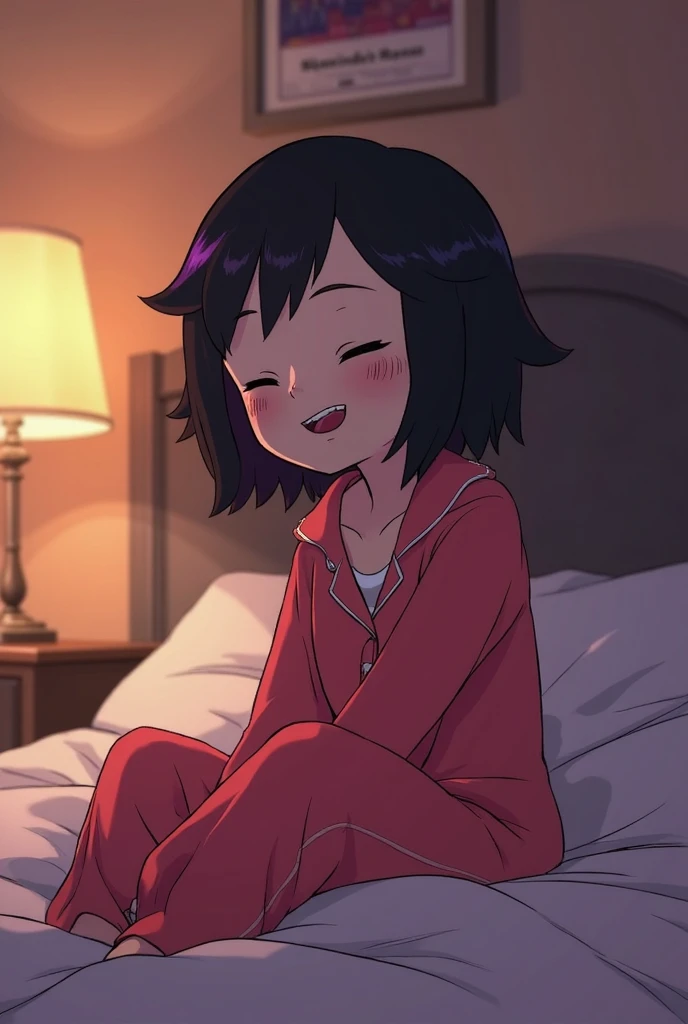 GoGo Tomago from Big Hero 6 relaxed in her pajamas on her bed in her apartment. She has short black hair with a purple streak in it, dark purple non-intense lipstick, has her eyes closed, small smile. Very small smile.