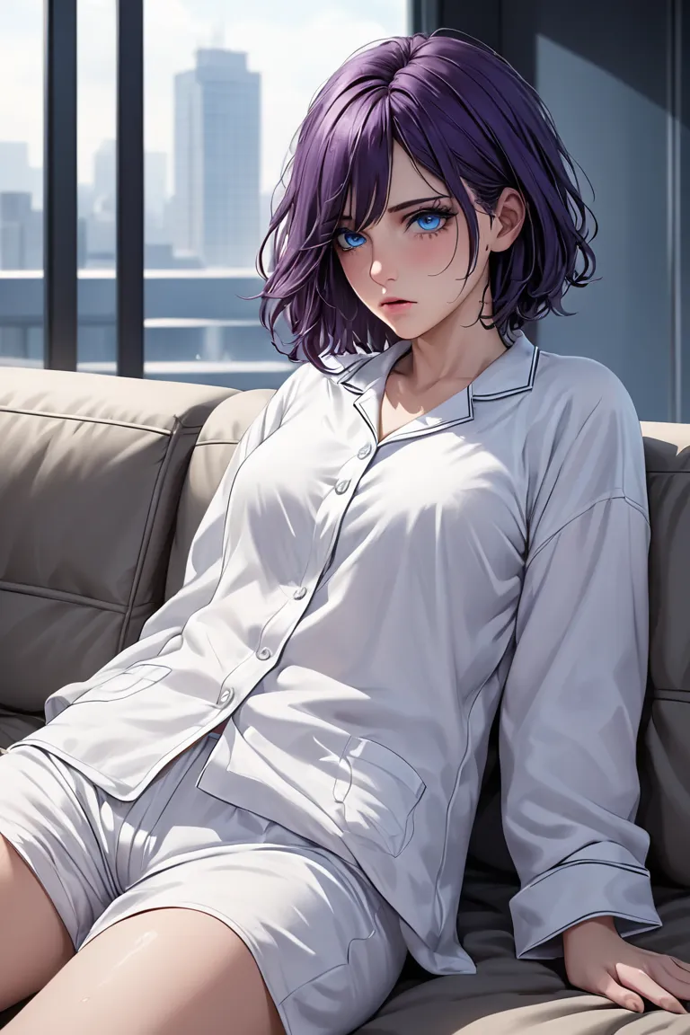 (masterpiece, best quality, 8k, high definition), whole body, woman, short dark purple hair, mid-chest, soft blue eyes, soft lips, caucasian, beautiful face, wearing a comfy white shirt and white pajama pants, natural light, detailed background, Detailed I...