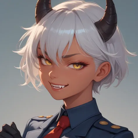 A red-skinned demon girl with yellow eyes and sharp fangs. She has short silver hair and two black horns on her head. She wears a officer outfit and black gloves. She is standing in a confident pose, with a playful smirk on her face.