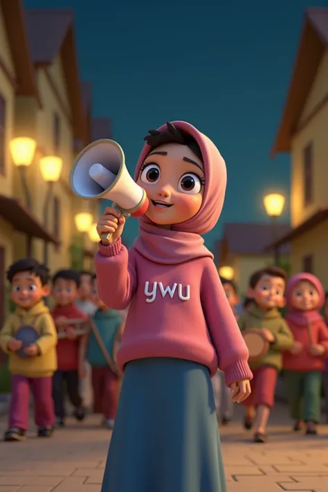 Medium close-up shot (thigh-up) of Uwu, a cute and adorable girl () with flushed cheeks, holding a white megaphone corong (toa corong) with a handle close to her mouth, as she speaks into it to wake people up for sahur. She is wearing a pink hijab, a pink ...