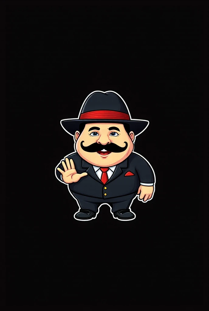 "A cartoon-style cartoon character, depicting a mob kingpin with a friendly, cartoony look.  He wears an elegant black suit , red tie and a black felt hat with a red stripe.  His face is expressive , with a large curved mustache, thick eyebrows and a confi...