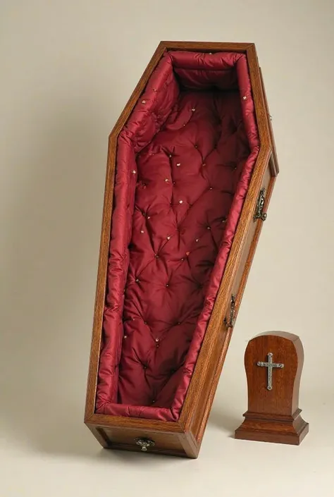 "A detailed wooden coffin with a rich red cushioned interior, featuring a classic quilted pattern with small golden studs. The coffin is placed upright, and beside it, the wooden lid stands separately, adorned with a carved cross in the center. The backgro...