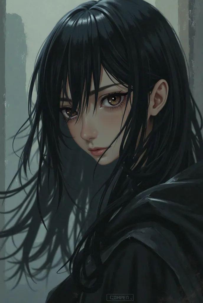 Create an anime character with 3C hair black hair the hair has to be half large and the character has to be black, Her eyes are dark brown and she has to look tired 
