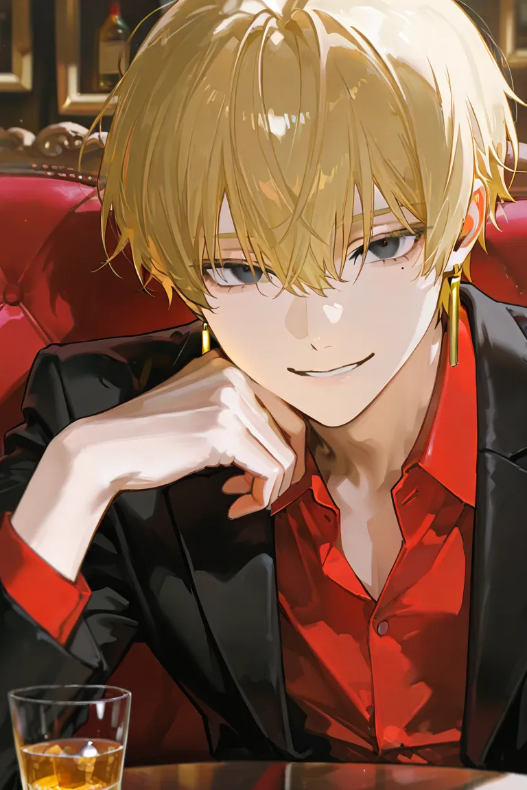 1male,gold hair,pupil with black eyes,red business shirt,black jacket,gold accessory,gold earring,handsome,mole under eye,sit on sofa,velvet sofa,describing a face in close-up,table with a glass of liquor on it,gloomy mood,high quality,top quality,take a c...