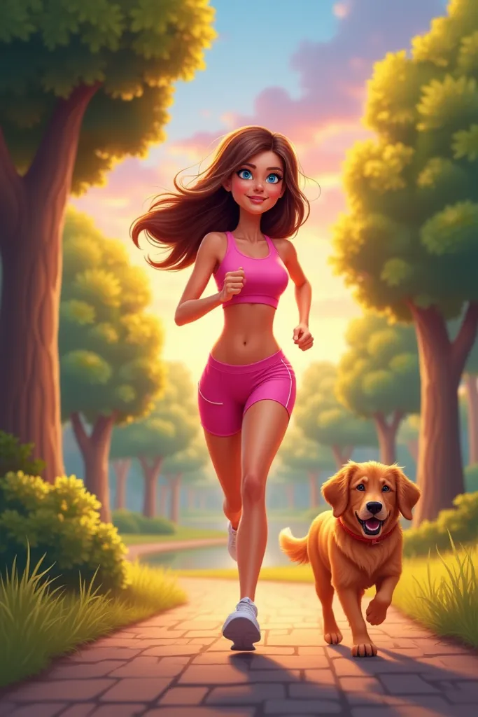 Cartoon figure of pretty girl in blue eyes wearing pretty pink sportswear running out at evening park with golden golden dog