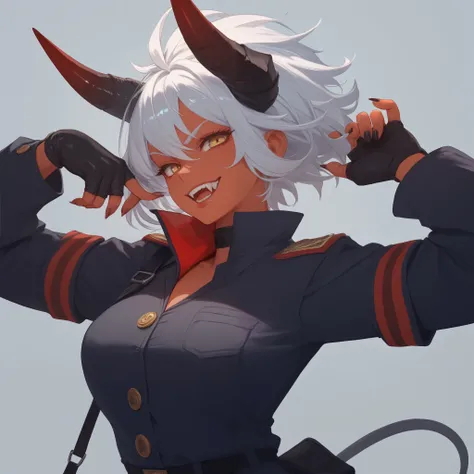 A red-skinned demon girl with yellow eyes and sharp fangs. She has short silver hair and two black horns on her head. She wears a officer outfit and black gloves. She is standing in a confident pose, with a playful smirk on her face.