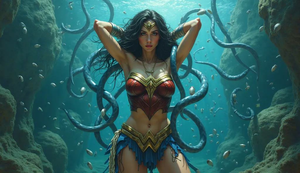 masterpiece, high image quality, １Wonder Woman has a beautiful face、 Accurate Wonder Woman Costumes and Boots、 Accurate Wonder Woman Costumes and Boots、In a large aquarium、There are countless eels swimming in the water、Wonder Woman's hands are crossed behi...