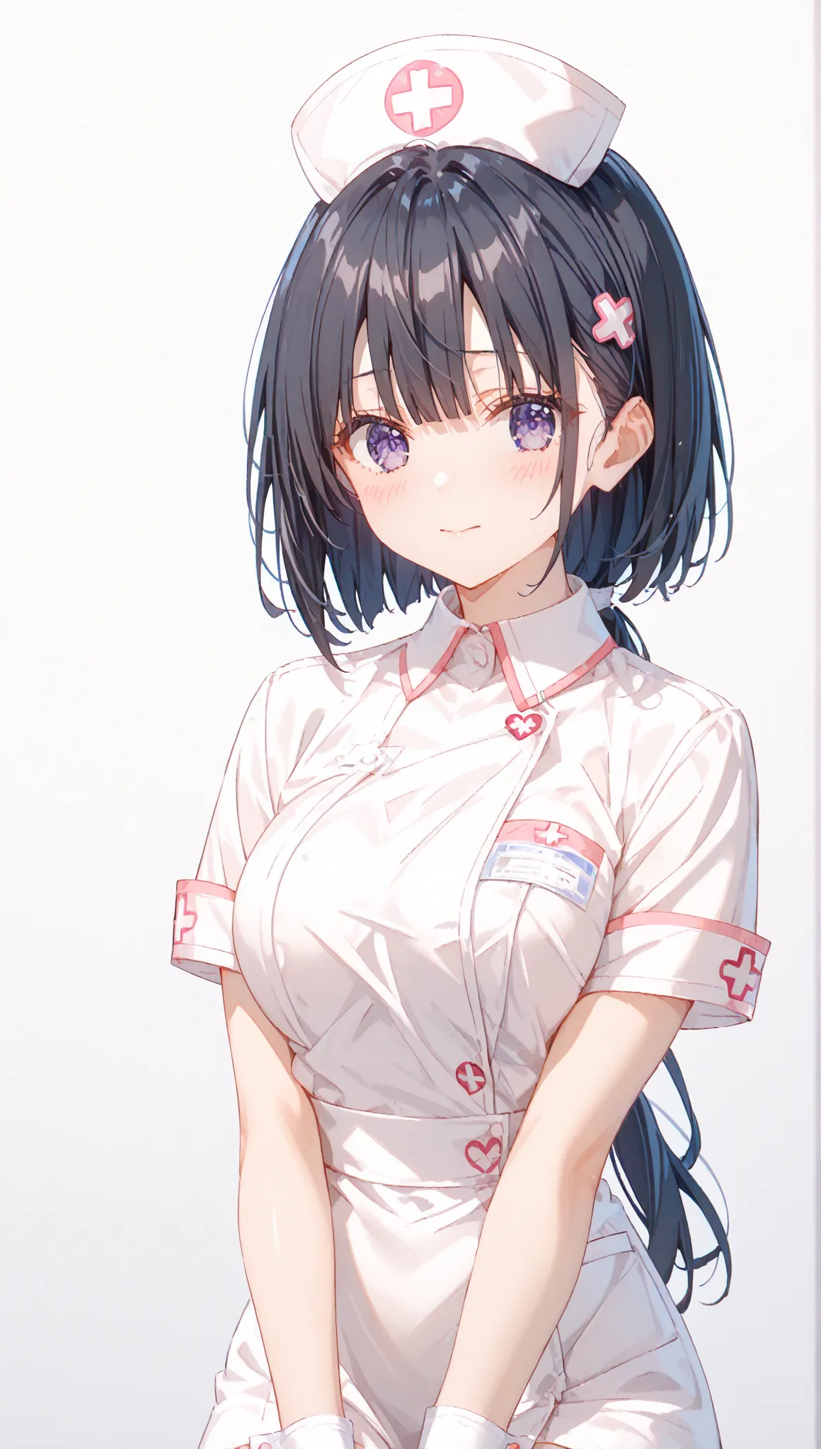 (Nurse costume, Nurse hat:1.5),
1 girl,   girls are shy, ,  bob cut ,  Kampala        ,  long hair,     black hair  ,   purple eyes, Yuki Suo , nsfw,  cowboy shooting, hair tied back   Kampala        ,   best quality ,   high definition,   Kampala        モ...