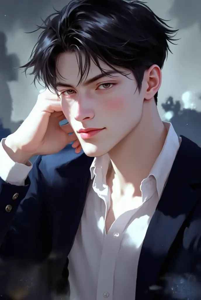 (masterpiece), (best quality), 1man, solo, male, middle part hair, black hair, dreamy eyes, smiles, (strong, well-defined, chiseled jawline), (prominent, slightly pointed chin),muscular, modern student, modern uniform, arrogant, confident, playful, unbothe...