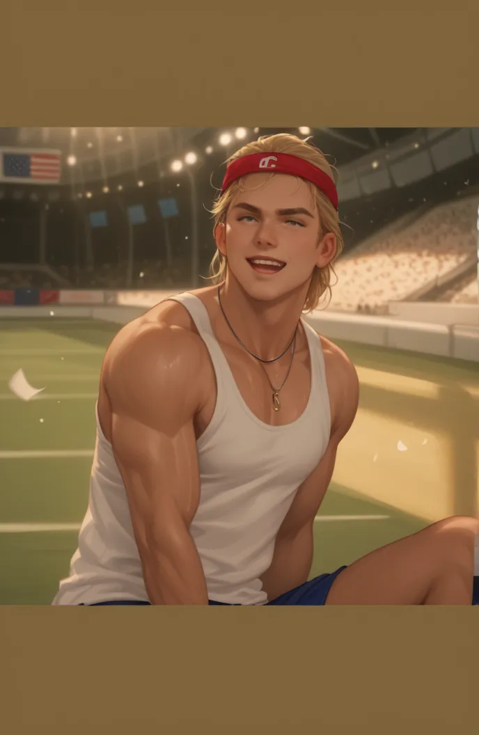  muscular man, blonde, hockey player, at the stadium 