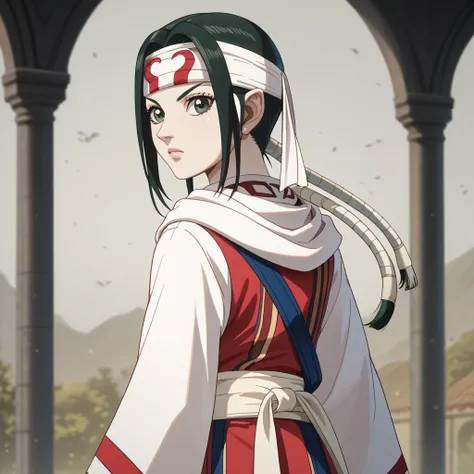  ((((masterpiece)))), super detail, high details, high quality, best quality, highres, 1080P, 8k, 16k very accurate clothing sharp gaze score_9, score_8_up, score_7_up, ((headband on forehead)) detailed clothing beautiful girl , white sash belt walking awa...