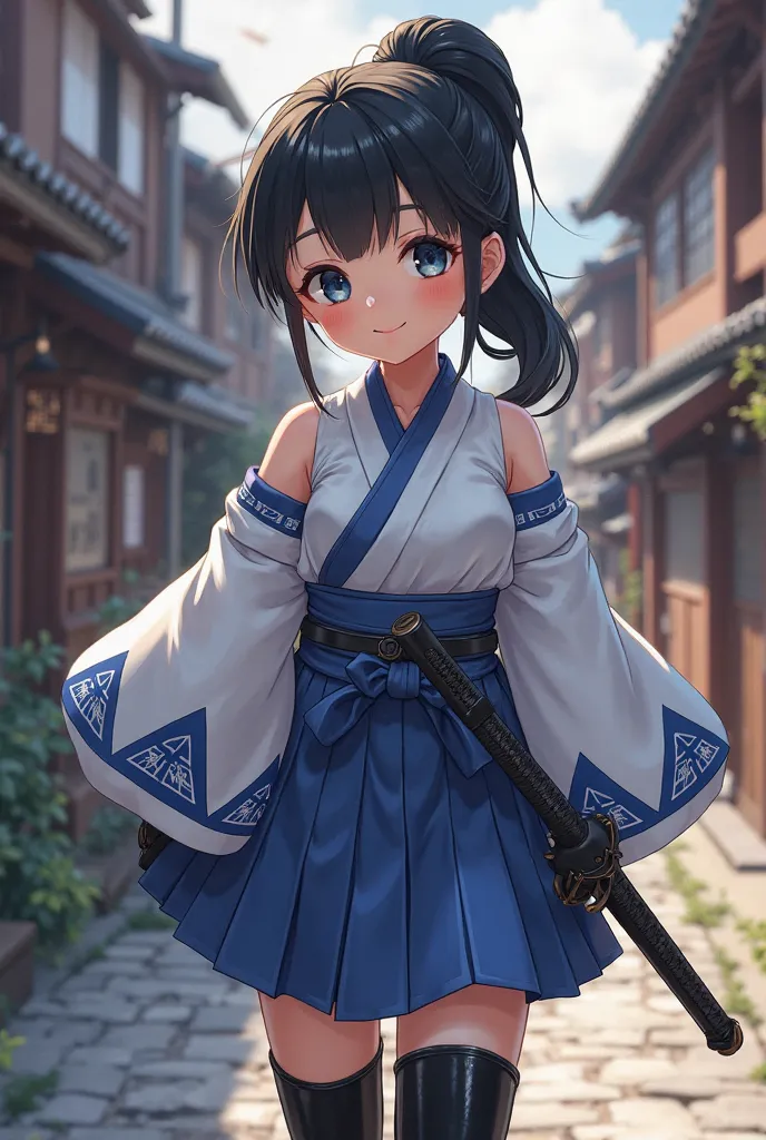 
little1 girl. smiling.fullbody+++. very pretty.large eyes.blue white slitted+++ kimono.bare thighs,ninja++++....holding katana.shin guards,small breast. bare shoulders.gauntlets.black glossy leather thighhighboots,kawaii..****. , .black hair, ponytail, ol...