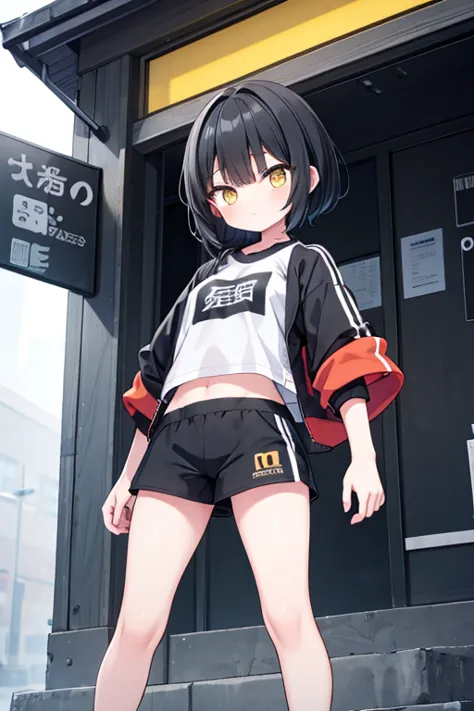  Hi-Res,  boyish,   1 girl,  black hair, Sporty shortcuts,   asymmetrical hairstyle  ,  Asymmetrical bangs,   yellow eyes,  There are three circles in the middle of the eye,  Skater Style Street Fashion, slightly oversized bottoms, standing, futanari, 薄 da...