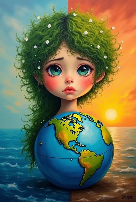 Painting earth system. The girl is in the middle her hair is green like forest or grass. Her face is  is earth globe and sad . Her body is like sea and her background is sunset like the pollution. The half pictures meaning is representing the healthy earth...