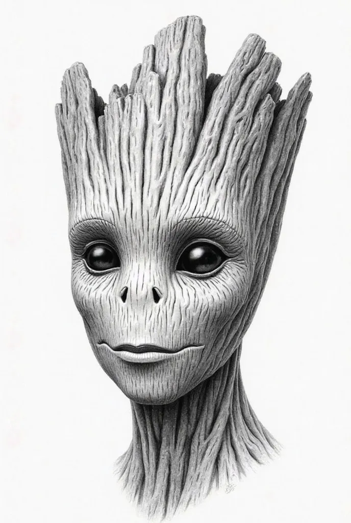 Draw a picture for the. logo The head of an adult Groot on the left side. Drawn with a pencil